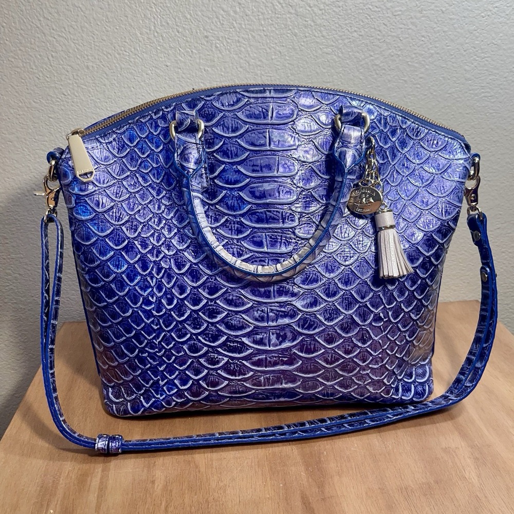 Brahmin Large Sudbury Satchel Croc Embossed Leather Iridescent Blue Purple